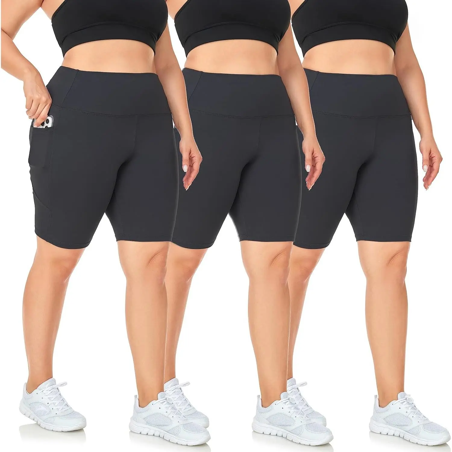 Women's Plus Size (1X-4X) High-Waisted Black Sweat Shorts, 3-Pack Non-See-Through Super Soft Workout Biker Shorts