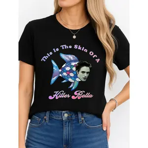 Women's Bella Black "Killer Skin" Short-Sleeve Round Neck Cotton T-Shirt, Lady's Minimalist Streetwear, Regular Fit, Comfortable Breathable Fabric, All-Season Casual Wear, USA-Made, Versatile Unisex Everyday Top,summervibes