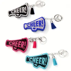 4pcs Cheer Megaphone Keychain with Rhinestone Detail, Faux Leather& Alloy, Pom-Pom Tassel Charm, Personalized Alphabet Design, Ladies Keyring with Lobster Clasp