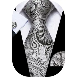 Paisley Tie Fashion Set Hanky Cufflinks Neckties for Men Woven Silk