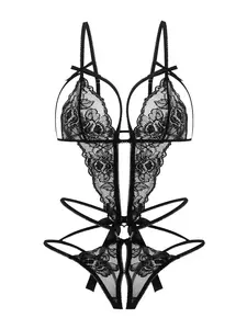 Black Lace Hollow-Out Lace Up Bodysuit