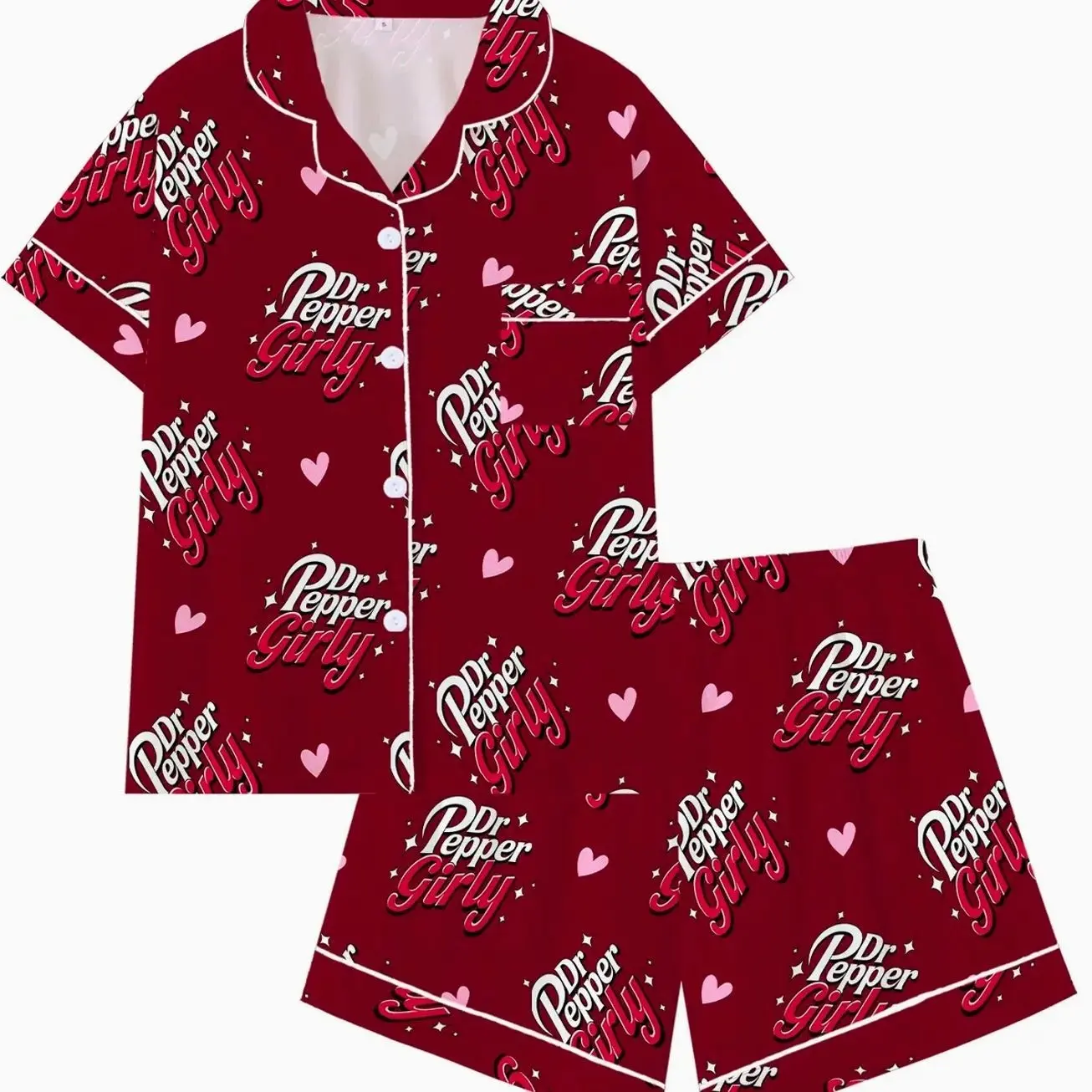 Soda Girly Aesthetic Graphic Pajama Set | Cute Cherry Red Sleepwear with Heart Print | Y2K Novelty Short Sleeve Button Down Lounge Outfit | Aesthetic 2-Piece Summer PJs | Fun Sleepover Nightwear Gift for Women | Loungewear Pyjamas