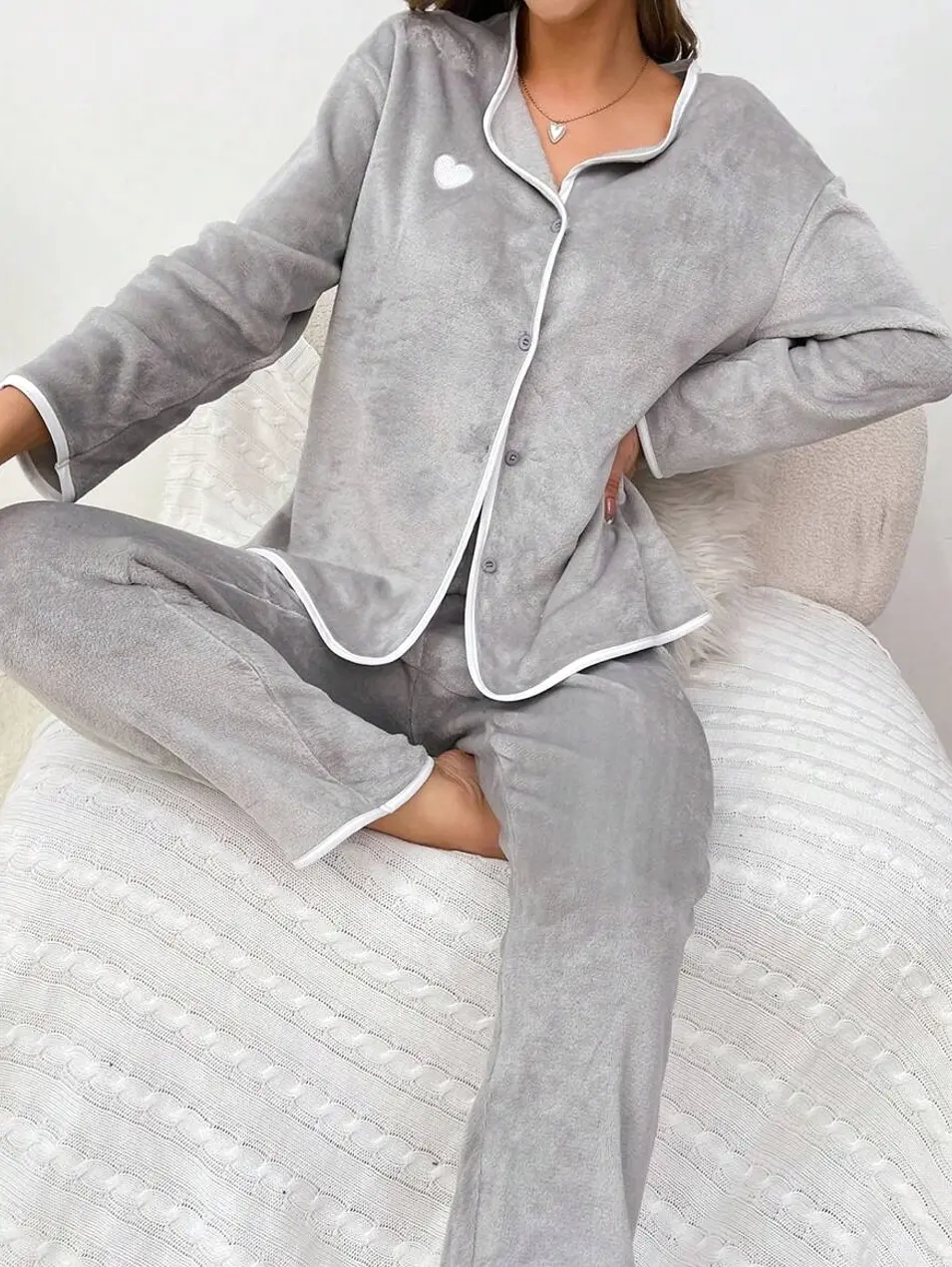 Heart Pattern Flannel Button-Front Long Sleeve Top and Pants Lounge Set
