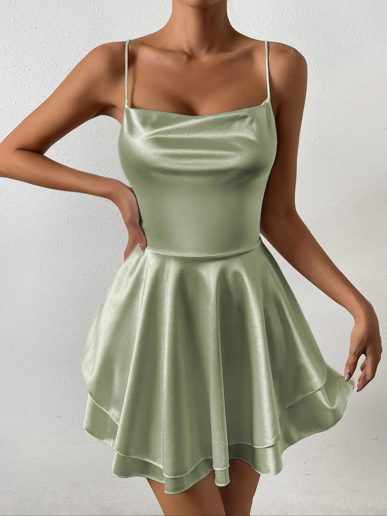 Women's Plain Lace Up Backless Tiered Layer Stretchy Satin Cami Dress, Summer Clothes Women, Womenswear, Elegant Women's Plain Lace Up Backless Tiered Layer Stretchy Satin Cami Dress, Summer Clothes Women, Womenswear, Elegant