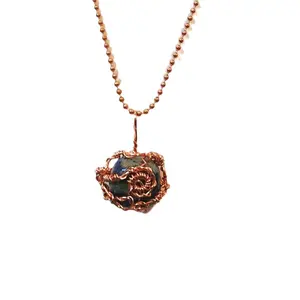 Lapis Lazuli Stone Wrapped in Copper Necklace - Elegant Beaded Chain & Natural Stone Pendant Jewelry