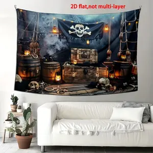 1pc 2D Flat Backdrop, , Pirate Themed  Print Polyester Photography Backdrop Cloth Pirate Ship Deck Jolly Roger Flag Background Suitable for Birthday Party Background Decoration Indoor Outdoor Decor 9