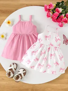 Summer 2-Piece Baby Girls Dress Set, Bow Print & Plain Striped Tank Dresses, Cute Sweet Gentle Summer