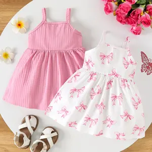 Summer 2-Piece Baby Girls Dress Set, Bow Print & Plain Striped Tank Dresses, Cute Sweet Gentle Summer