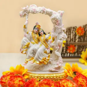 Radha Krishna Statue on Swing - Marble Color 6.7”H Polystone Indian Murti Krishna Idol for Valentine Wedding Birthday Diwali for Indian Family Man Women Pooja Item