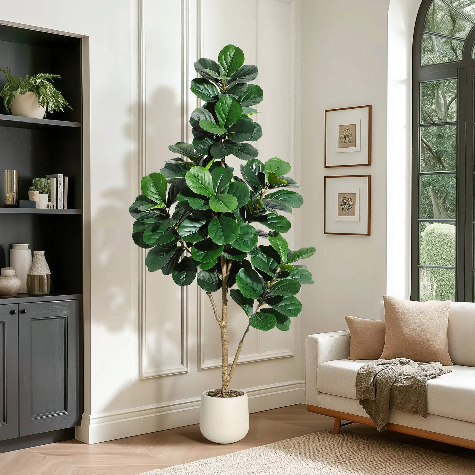 6FT Minimalist Artificial Fiddle Leaf Fig Tree - 108-Leaf Realistic PVC Faux Ficus Lyrata, 9" White Metal Planter Pot with Wood Accent, Gray-Brown Trunk, Long-Lasting Indoor Floor Decor for Home Office Housewarming Gift