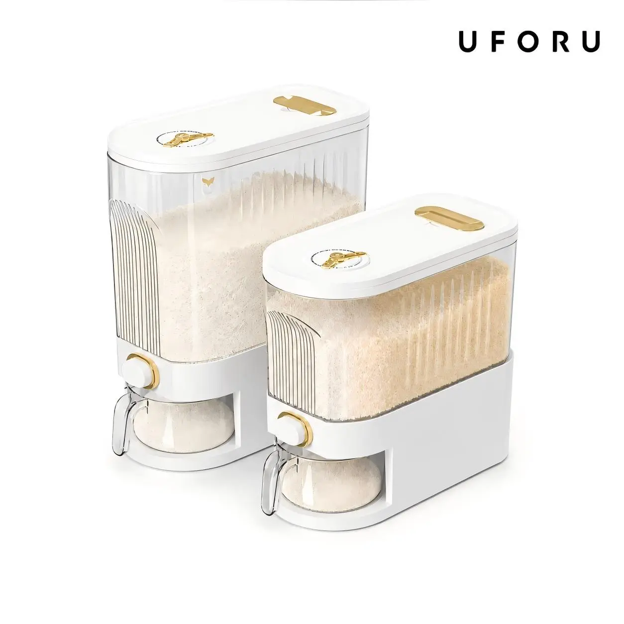 UFORU grain bucket with measuring cup and time marker, dustproof and stackable, durable plastic material; multi-compartment food storage box with large capacity, suitable for soybeans, corn, grains, and kitchen organization/storage.
