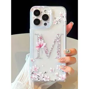 Letter Elements TPU 1pc Floral Letter M Personalized Transparent Full Body Shockproof Phone Case Compatible With Iphone 17 16 15 14 13 12 11 Pro Max, A55/54/53/52/51, S25/24/23/22/21 Ultra Birthday Gift
