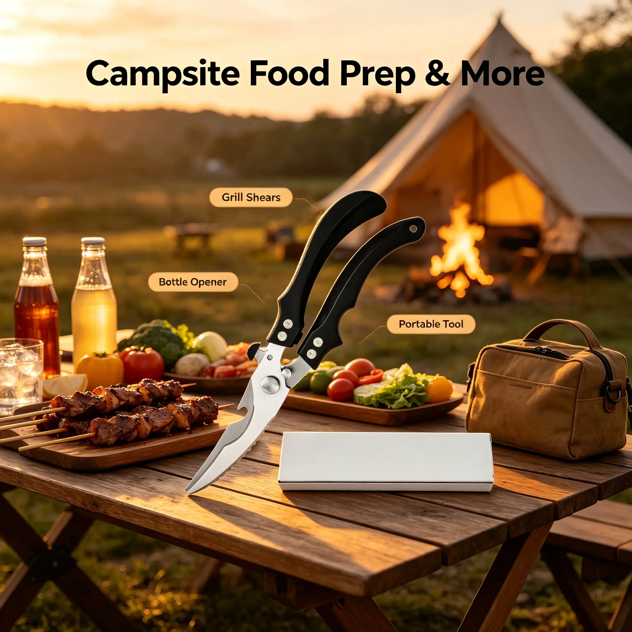 Camping Shears, Heavy-Duty Portable Stainless Steel Outdoor Utility Scissors with Safety Lock, Storage Box for Camping, Car Emergency Use