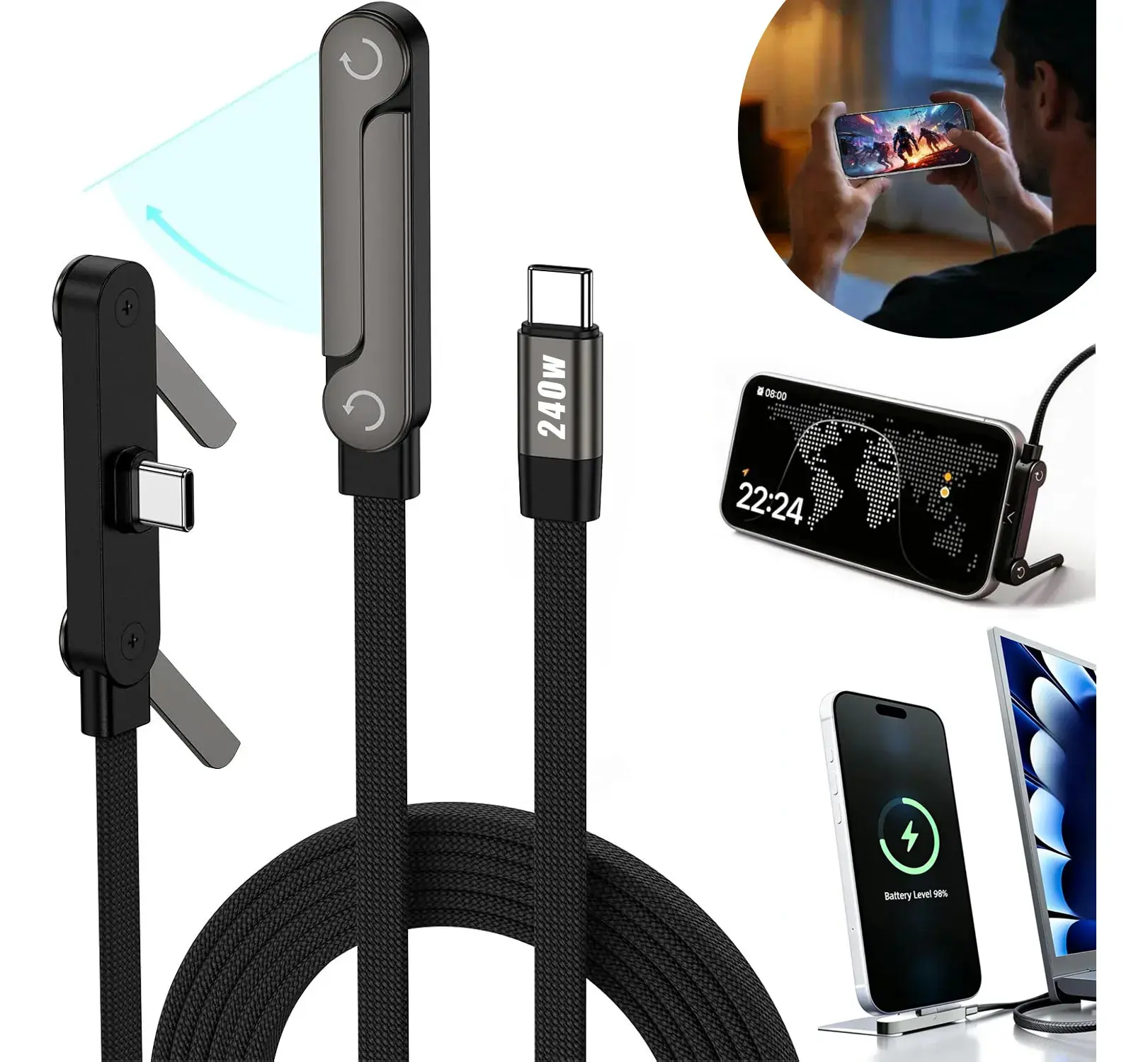 240W Fast Charging Cable with Built-In Foldable Phone Stand | USB-C T-Shaped Gaming Cable for iPhone 15+/Android