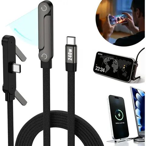 240W Fast Charging Cable with Built-In Foldable Phone Stand | USB-C T-Shaped Gaming Cable for iPhone 15+/Android