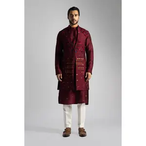 Deep red long nehru jacket and kurta set