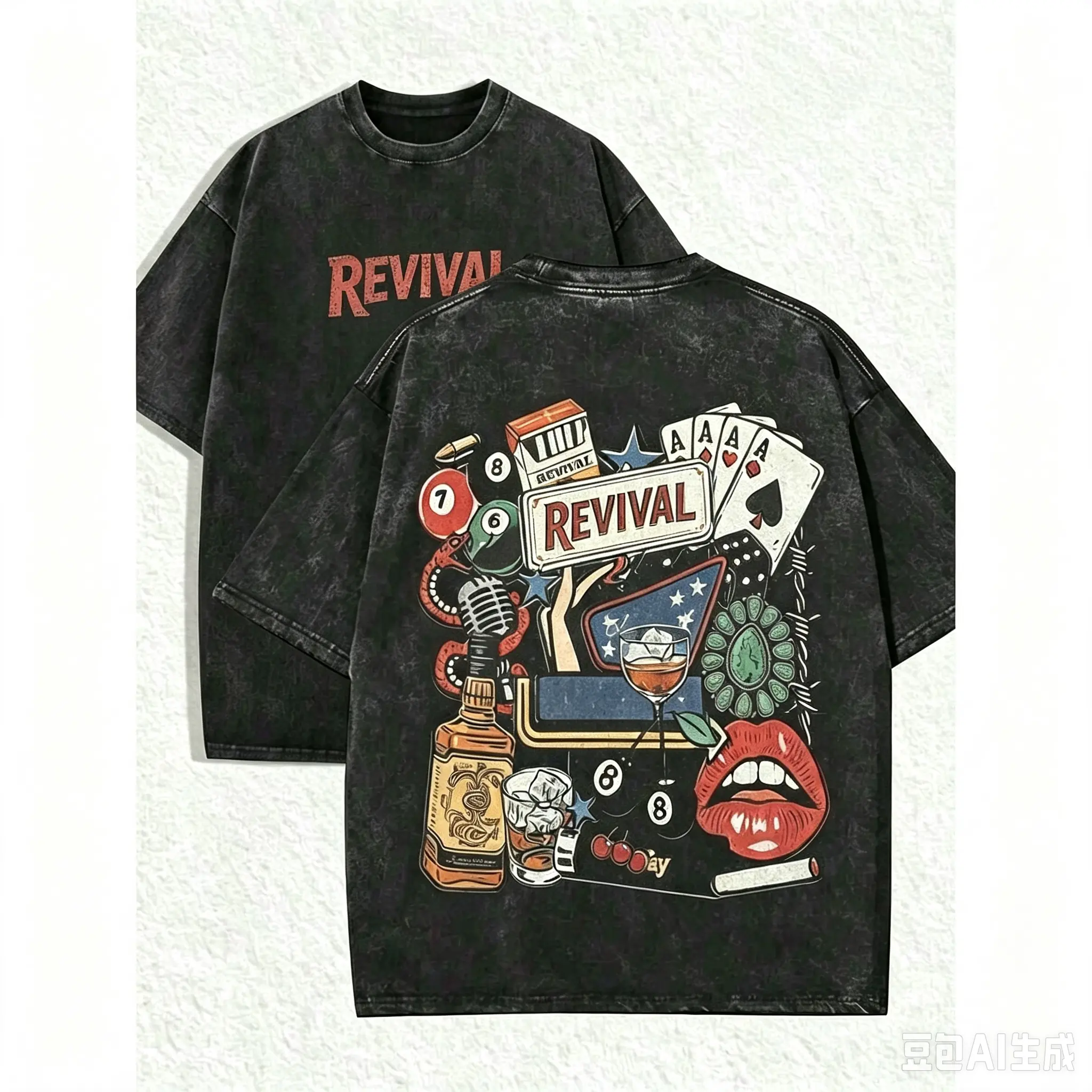 20261 PCS Vintage Distressed Graphic Tee, Retro Art Collage T-Shirt for Men. Bold Front Letter Print, Artistic Back Design Featuring Vintage Playing Cards, Billiards, Bourbon Whiskey Bottle and Microphone