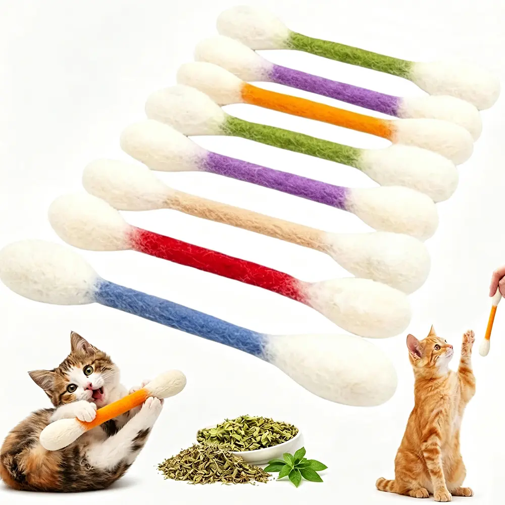 8Pcs Cotton Swab Shaped Cat Teething Toys, Colorful Soft Plush Interactive Cat Chew Stick Toys, Indoor Kitten Bite Toy for Playing, Teeth Cleaning & Stress Relief