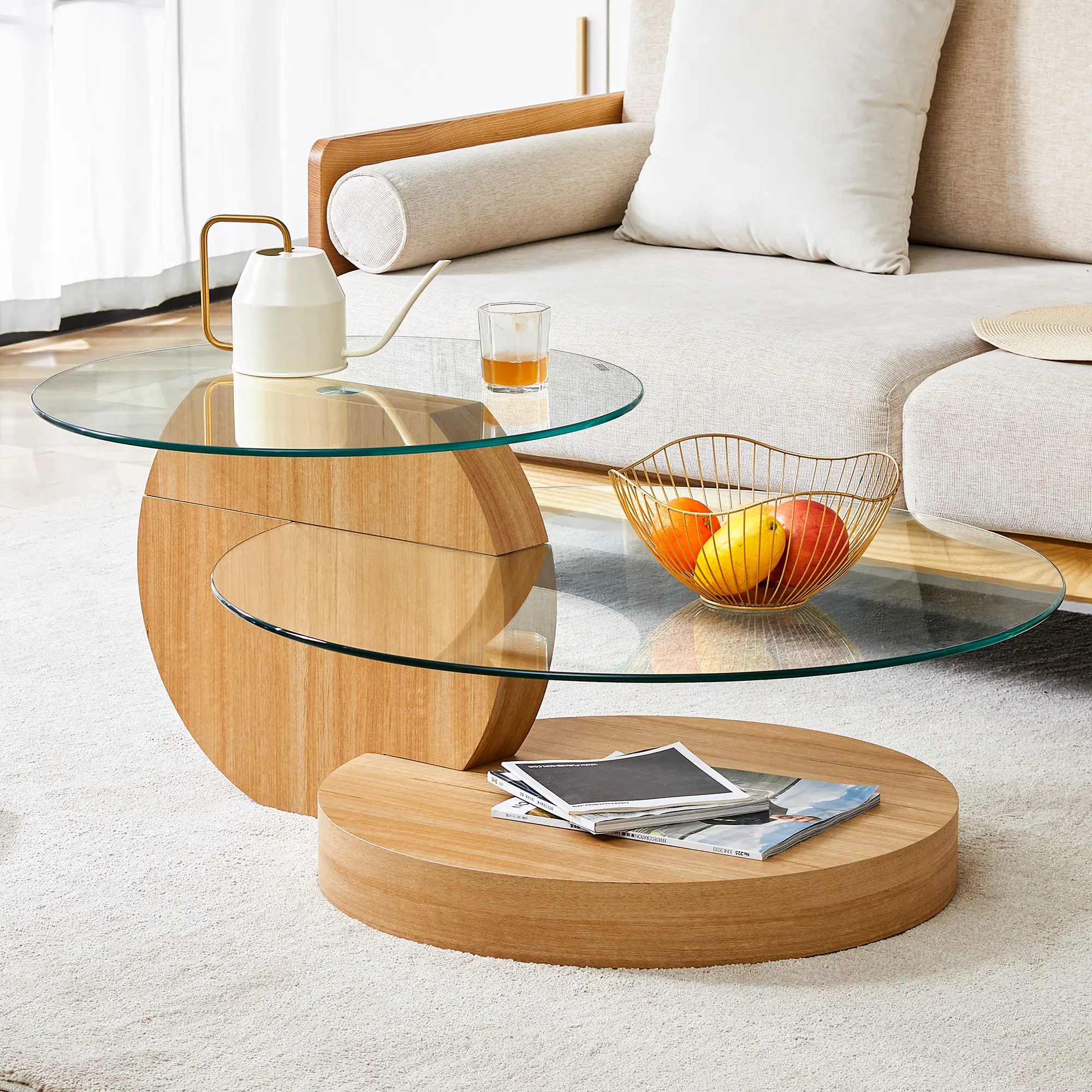 Glass Coffee Table, Modern Round Tempered Glass Coffee Tables for Living Room, 3-Tier Circle Wood Coffee Table with Storage Clear Cocktail Table for Small Space Home Office