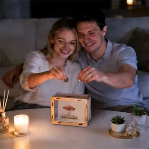 Wooden Transparent Money Bank, Mushroom Umbrella Rabbit Cartoon Print, Creative Savings Jar, Ideal for Financial Education, Gifts for Teens