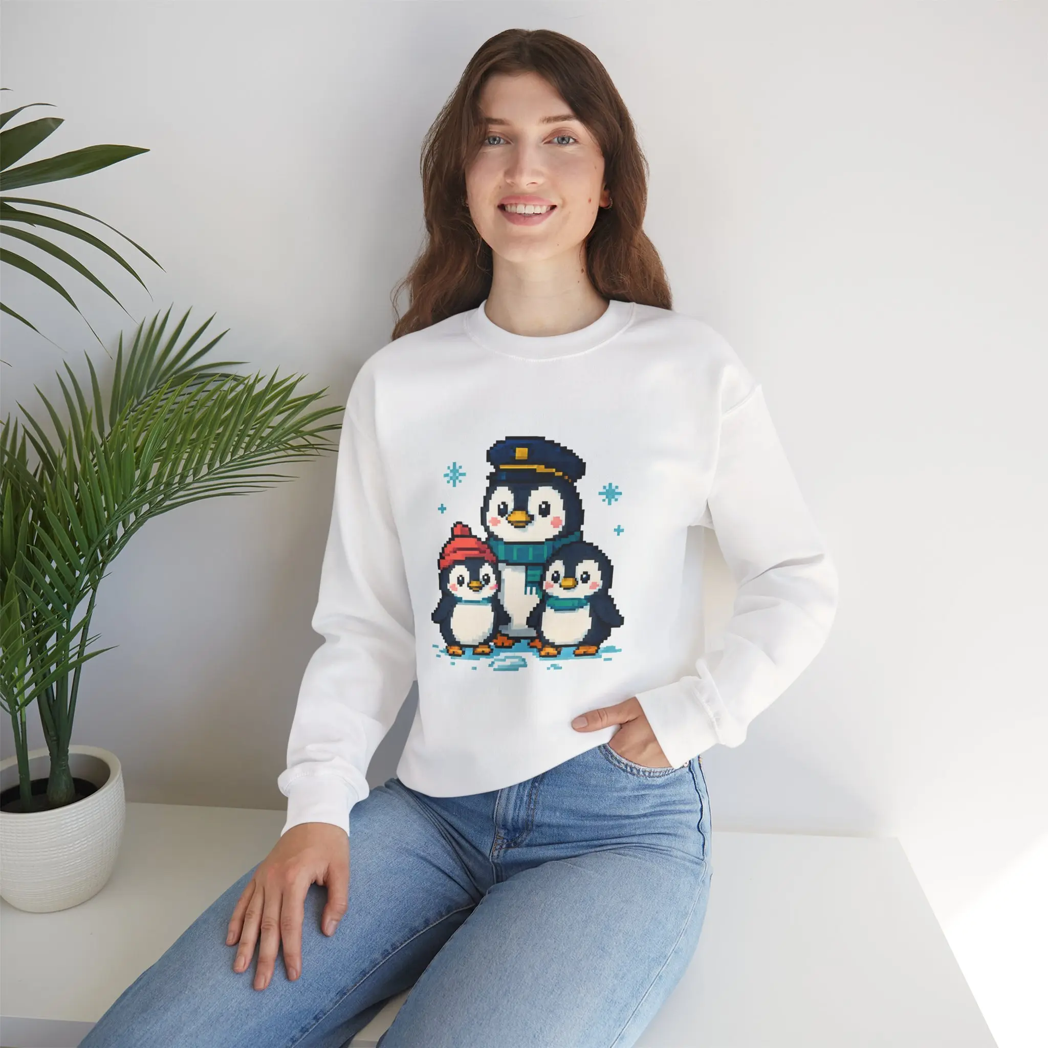 Penguin Family Pixel Art Sweatshirt | Winter Holiday Crewneck