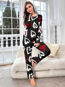 Women's Spring & Fall Sleepwear Set, 2-Piece Long Sleeve Pajamas, Casual Fitted Home Wear, Loungewear, Homewear, Round Neck All over Print