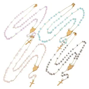 Stainless Steel Gold Rosary 6mm Bead Necklace Cross Prayer Lobster Clasp N29
