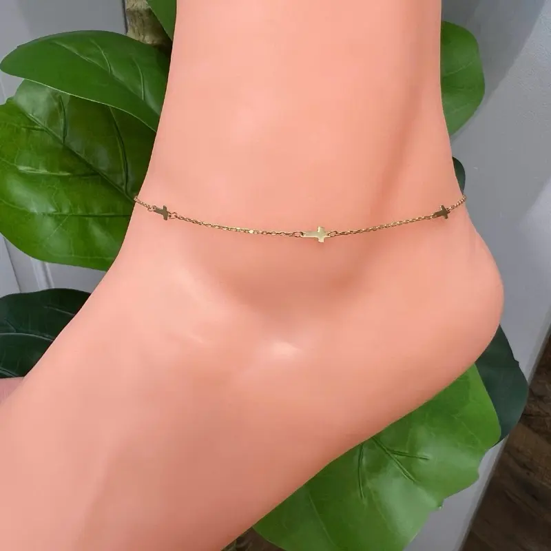 993-14k Cross Anklet Bracelet 10”(1mm) (W.G) Tobillera