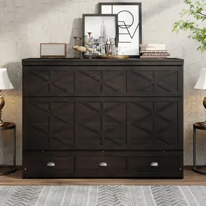 Queen Size Murphy Bed with Drawers & USB - Space-Saving Wall Bed for Modern Homes, Apartments & Guest Rooms, Brushed Espresso Finish |   Foldable Hidden Bed with Storage & Charging Ports, Perfect for Studio Living, Small Spaces & Multifunctional Rooms