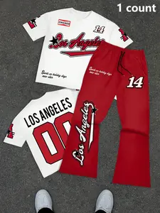 2pcs Men's Casual Letter Graphic Round Neck Short Sleeve Fitted T-Shirt And Pants Set, All Seasons Street Style Vibe Tee And Sweatpants Outfit