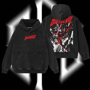 Superstyle The Man Without Fear "Matt Murdock" Daredevil - Devil of Hell’s Kitchen MCU Comics Edition Double Printed Oversize Lightweight Acid Washed Tee Hoodie Sweater TV Series Graphic Design Top Cotton Streetwear Comic Superheroes T-Shirt Menswear
