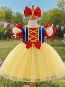 Toddler Girl's Colorblock Puff Sleeve Cloak Sleeve Sweater Dress, Cute Elegant Princess Dress, Bow Dress for Party Baby Shower, Kids Clothing for Summer