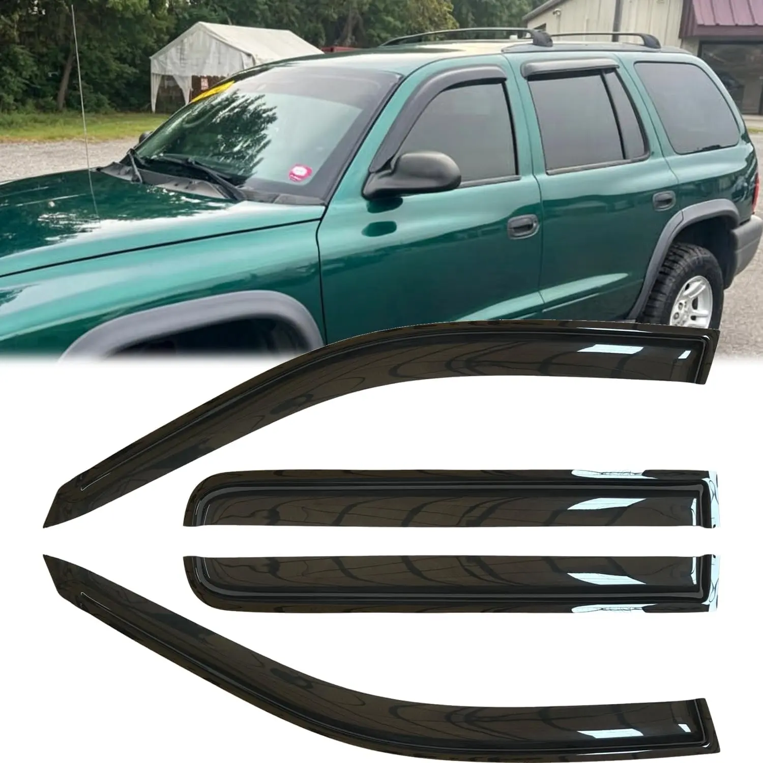 4pcs Custom Fit Set Acrylic Dark Smoke Classic Side Window Deflectors & Visors for Dodge 98-03 Durango, 00-04 Dakota Crew (Quad) - Hardy, Shatterproof, Sun Protection, Easy Peel-N-Stick Tape-On Rain Guard