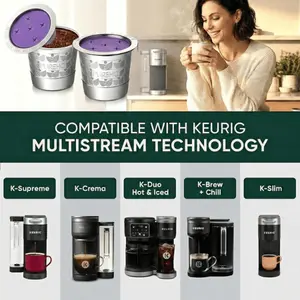 Reusable K Cups for Keurig - Stainless Steel Refillable K Cup for Keurig K Supreme, K-Duo Gen 2 and K Slim Coffee Makers, Metal Reusable Kcups by PureHQ - Multistream Coffee Pods Filter (2 Pack)