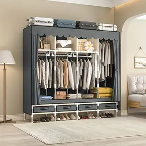 Large Portable Wardrobe with 4 Hanging Rods and Drawers, Armoire, Metal Storage Wardrobe Hangers, Upgraded Grey Non-Woven Dust Cover for Handing Closet,Large Closets for Bedroom