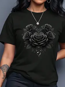 Gothic Black Rose Heart Graphic T-Shirt for Women, Dark Floral Print, Y2K Aesthetic, Casual Streetwear, Soft Cotton, Trendy Grunge Style, Emo Fashion, Alt Clothing, Valentine's Day Gift, Edgy Love Design, Comfortable Crew Neck Tee for Everyday Wear