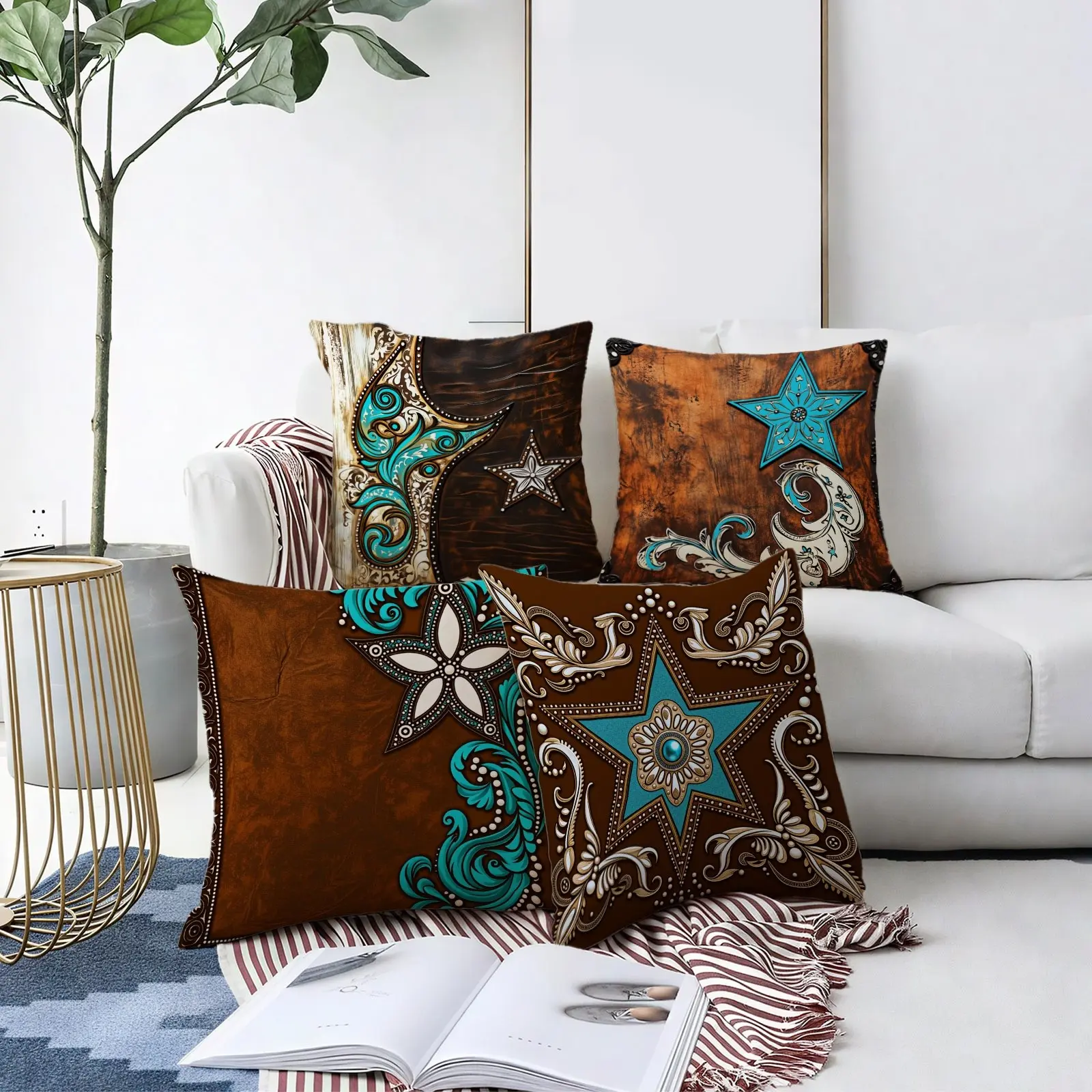 4pcs Decorative Pillowcases, Artistic Boot & Star Design, Multiple Specifications Available, Multi - Color, Ornate Style for Home Decoration, Bedroom Decorative Accessories, Soft Fabric Cushion Covers