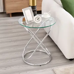 BEKRVIO Round Glass Side Table Modern Design Chrome Frame 30lb Load Gold Plated Legs Tempered Glass Top Versatile Coffee Table 19.7"D x 19.7"W x 21.7"H