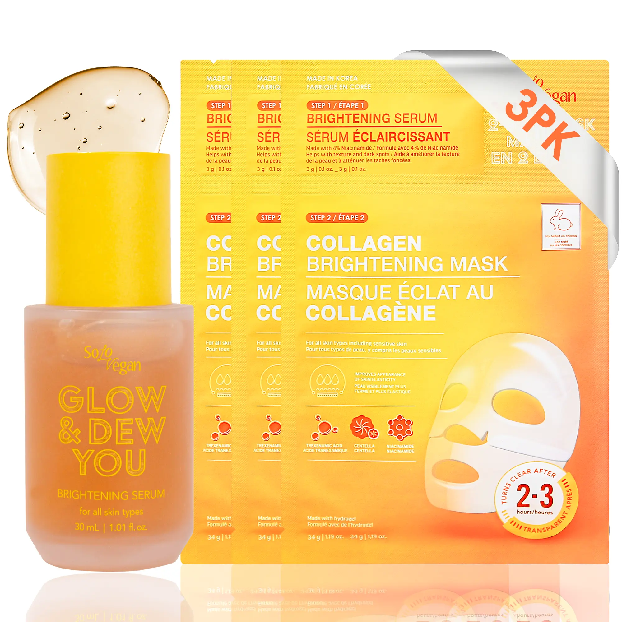 SoloVegan Glow Skincare Multi-Pack - Full-Size Brightening Serum + 3 Collagen Sheet Masks with Kojic Acid, Niacinamide, Tranexamic Acid, Hydrating Radiance Boost for Sensitive Dry Skin Unisex Adults, Evens Out Skin Tone & Texture, Even Out Skin Tone & Tex