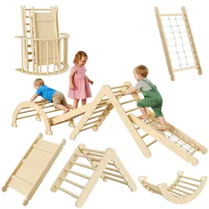 8-in-1 Foldable Pikler Triangle Set, wooden toddler climbing toy with arch, ramp and ladder, multi-scene indoor jungle gym as kids birthday gift