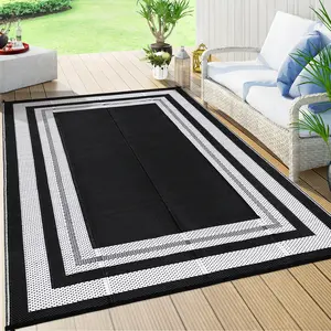 Outdoor Rug, 320GSM PP Tube Woven Patio Carpet, Modern Border Design Grey & White Plastic Woven Floor Mat for Deck Porch Balcony Camping