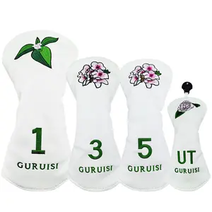 Golf Club Cover Protective Cover Flower Embroidered Wooden Club Cover Head Cover Leather Club Cap Cover Durable Golfers
