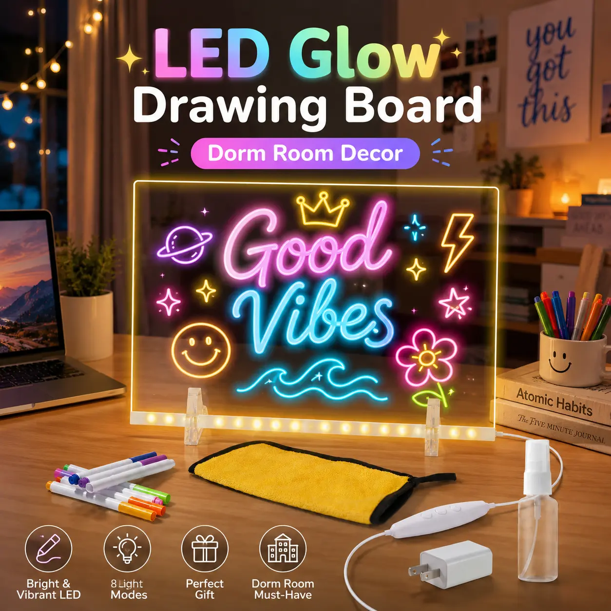14 x 10 LED Acrylic Message Board, Light Up Drawing Board with Color Markers, Reusable Glow Doodle Board for Dorm Room Decor, Desk Decor, Notes & DIY Art