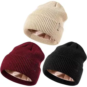 3 Pack Satin Lined Beanie for Women Men, Silk Lined Winter Hats for Cold Weather, Warm  Knit Skull Cap Cuffed Beanies