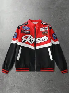 Men's American Racing Style Colorblock Jacket, High Street Trendy Retro Print Loose Fit Coat, Unique Motorcycle Windbreaker Top, Casual Zipper Coat