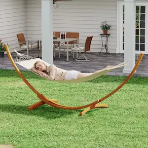 Outdoor Hammock with Solid Wood Stand - 330 Lbs Heavy Duty Capacity - Weather Resistant Wooden Frame - Comfortable Hanging Bed for Garden, Porch & Backyard