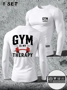 Men's Fitness Training Long Sleeve, Barbell Gym Letter Print Sport T-Shirt, Comfortable Fitted Outdoor Running Top, All Seasons