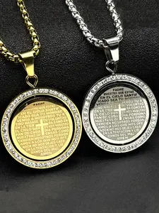 The Lord's Prayer God Jesus Cross Bible Spainsh Verse Necklace Crystal Pendant for Women Men Stainless Steel Crystals Chain Rotatable