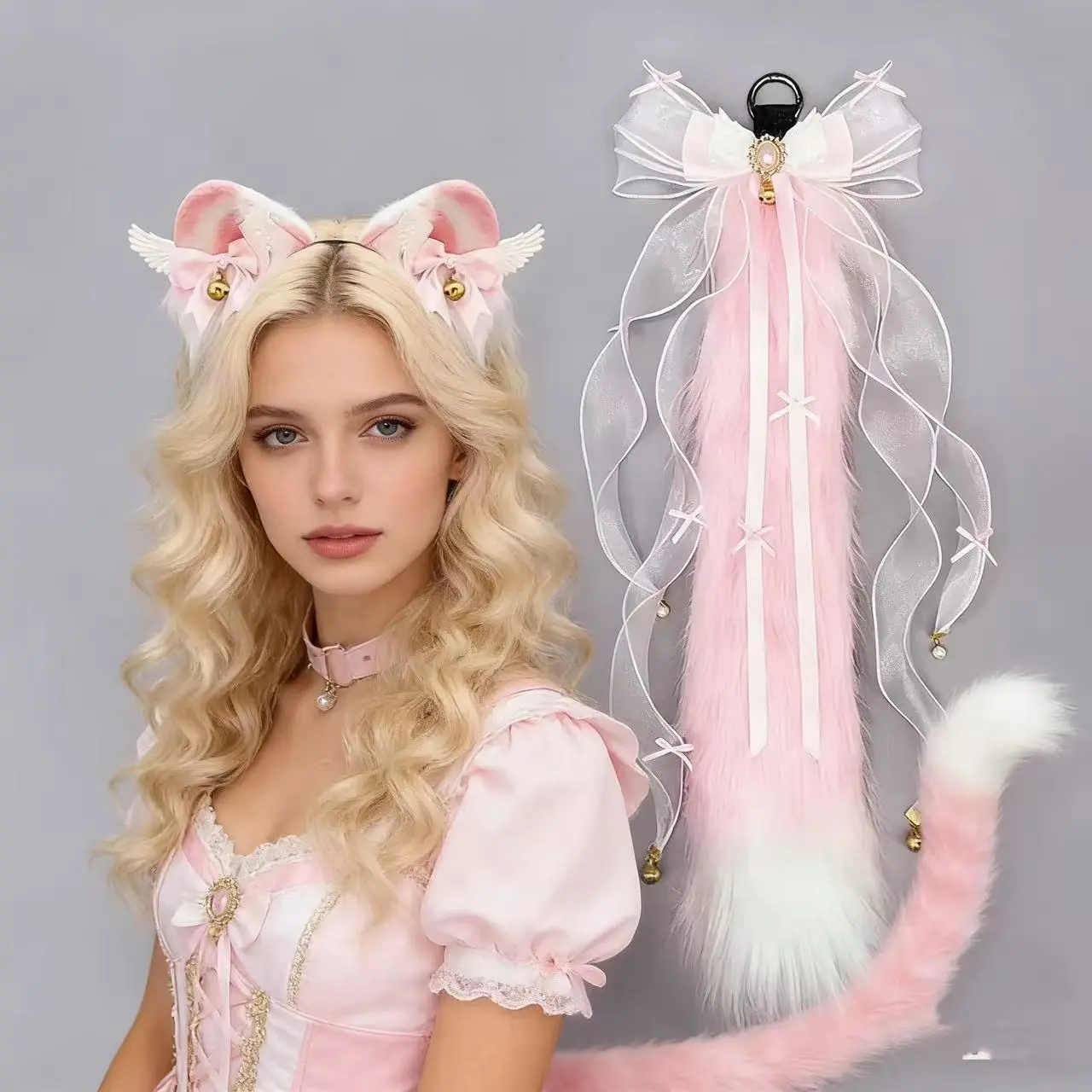 Handmade Lolita Pink Cat Ears Headband & Furry Fox Tail Set with Bells, Cosplay Props for Cosplayers, Summer Costumes Accessories, Cosplayer, Peach Sweetheart Ears-Pink And White
