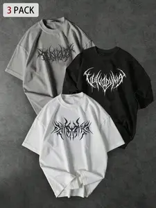 Men's 3-Pack Gothic Dark Metal Print T-Shirts, Y2kemo Street Style, Loose Fit, Casual Short Sleeve, Perfect for Daily Wear